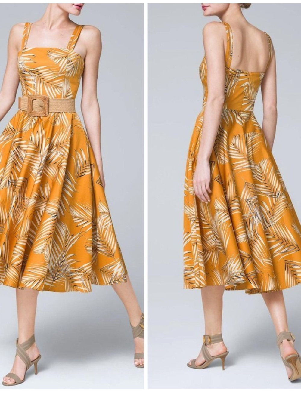 White House Black Market Mustard Palm-Print Sundress
